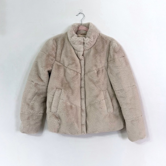 Faux Fur Beige Zip Up Cold Weather Jacket - Picture 2 of 4